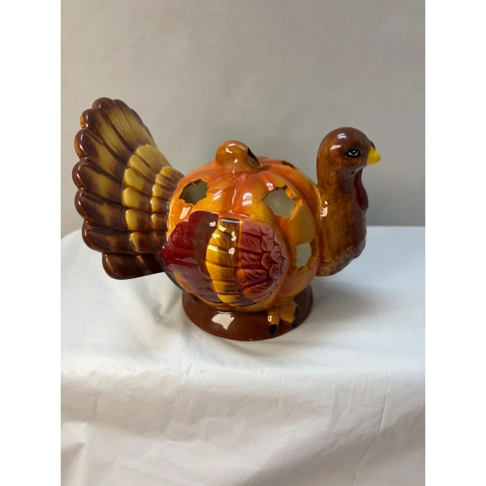 Ceramic Turkey Pumpkin Candle Holder Thanksgiving Autumn Luminary Decor Brown